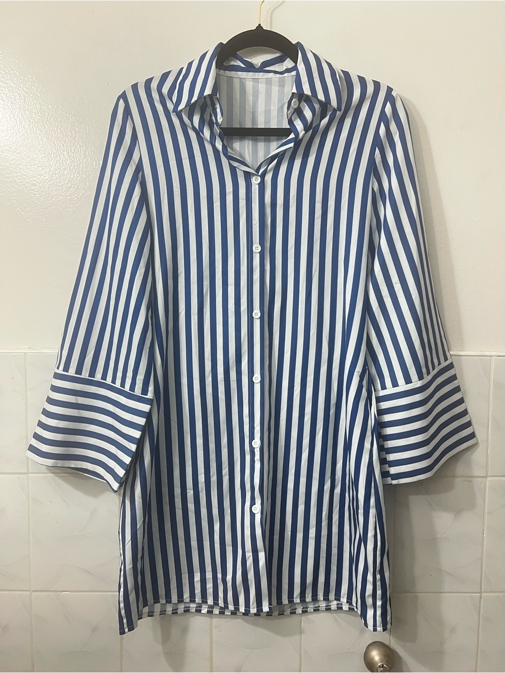 Women’s Button Front Blue White Stripe Shirt Dress S Nautical Preppy Coastal